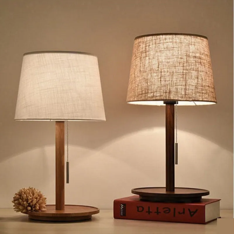 

Garden Bedroom Bedside Lamp Decoration Nordic Living Room Study Walnut Wood Study Cloth Lampshade Household Wooden Table Lamp