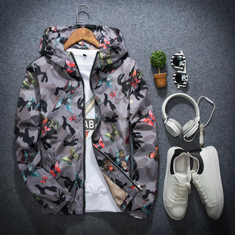 Mens Casual Camouflage Hoodie Jacket 2020 New Autumn Butterfly Print Clothes Men's Hooded Windbreaker Coat Male Outwea