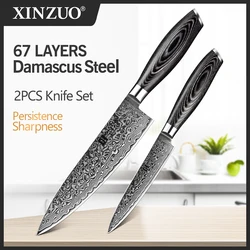 XINZUO 2PCS Kitchen Knives Set 67 Layers Damascus High Carbon 8'' Chef &5'' Utility Knife Stainless Steel with Pakkawood Handle