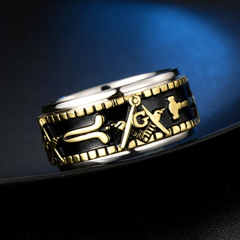 Valily Men\'s Gold Color Spinner Freemason Ring Stainless Steel Rune Rotating Mason Masonic Jewelry for Man