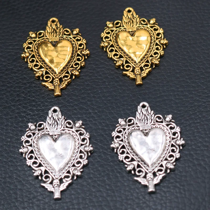 6pcs Catholic Sacred Heart Pendants Retro Religious Necklace Earrings Accessories DIY Charms Christian Jewelry Crafts Making