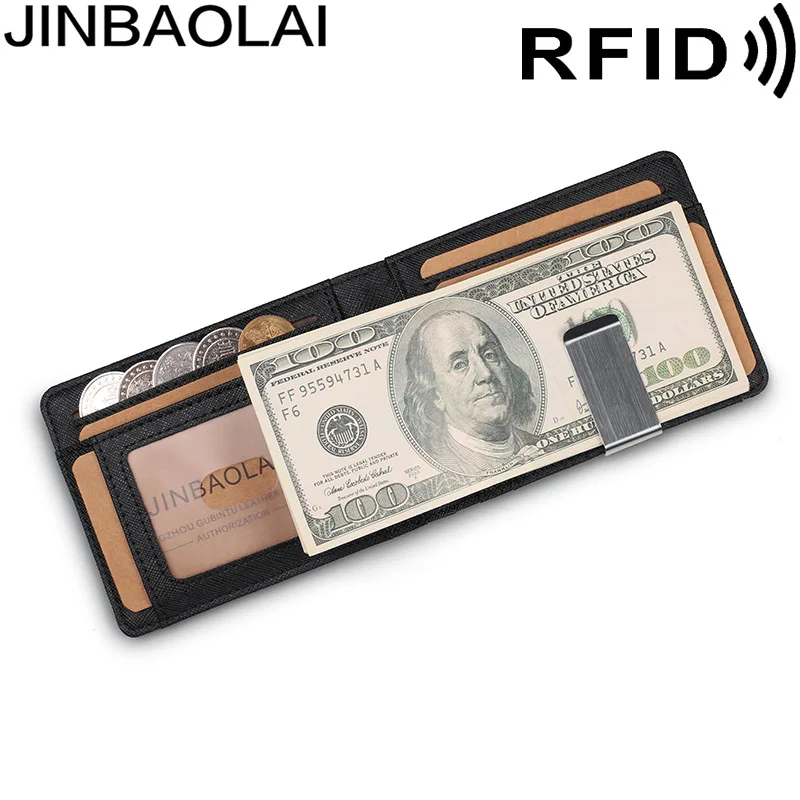 Jinbaolai Anti-Magnetic Men's Leather US Dollar Clip Wallet Leather Plain Ultra-Thin Wallet Foreign Trade RFID Wallet