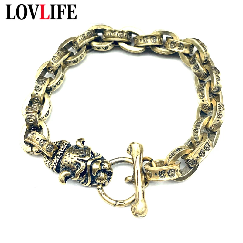 Vintage Brass French Bulldog Bracelets Fashion Men Buddhist Mantra Chains Bracelet Jewelry Copper Zodiac Animal Dog Charms Women
