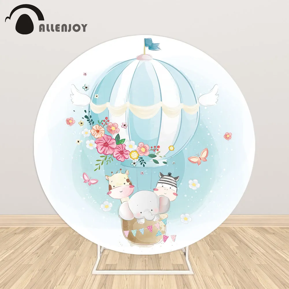 Allenjoy Round Background Circle Backdrops Covers Little Elephant Giraffe Zebra Hot Air Balloon Baptism Birthday Party Wallpaper