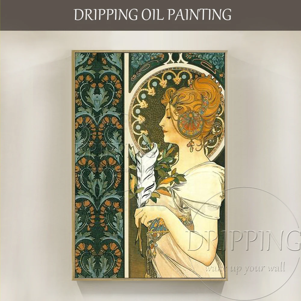 

Professional Artist Pure Hand-painted Luxury Wall Art Alphonse Mucha Oil Painting on Canvas Beauty Woman Portrait Oil Painting