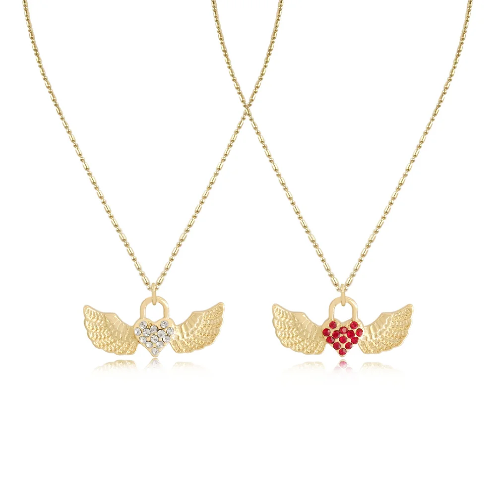 Trendy Gold Color Plating Red Clear Heart Center Angel Wing Pendant Necklace For Women Girl Elegant Gorgeous Jewelry Accessory