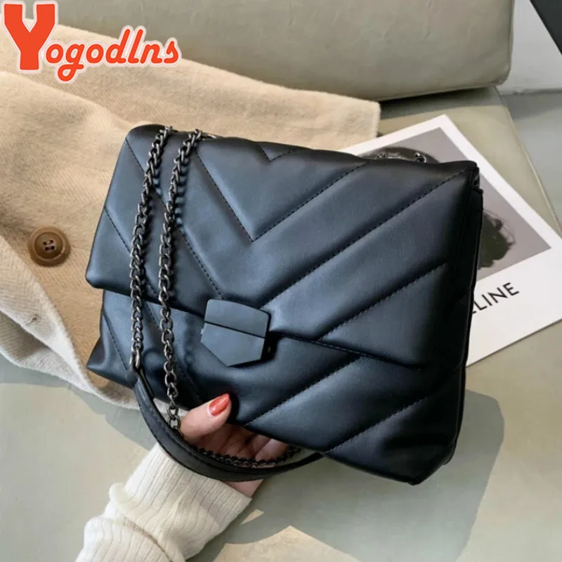 Yogodlns Luxury Thread PU Leather Crossbody Bags Women Fashion Chain Messenger Shoulder Bags Female Large Capacity Lady Handbag