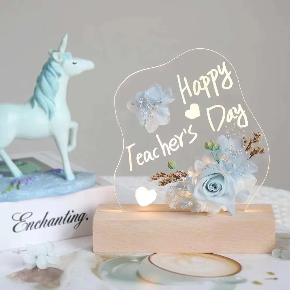 3D Acrylic Message Board Lamp with Pens Eternal Flower Night Light Couples Bedroom Decor Valentine's Day Present USB Power