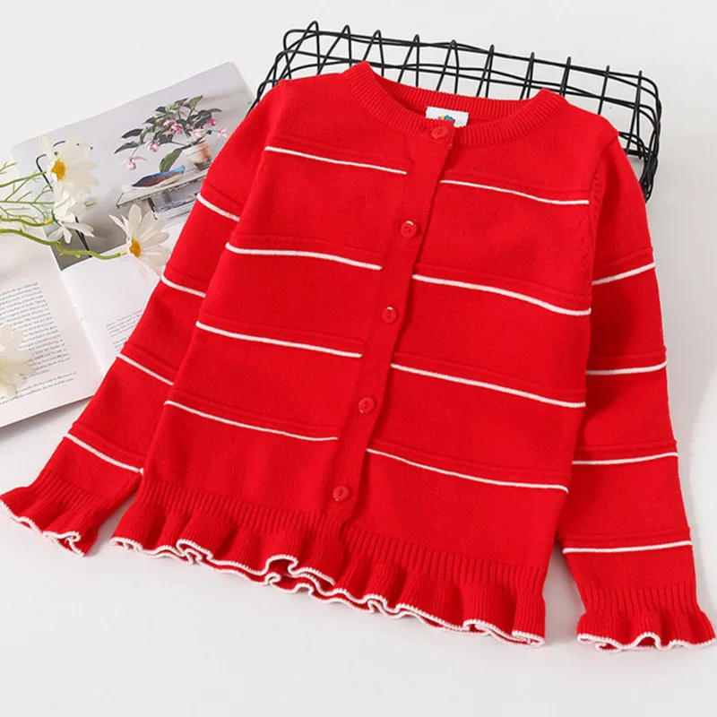 2023 Autumn Spring 3-12 Years Old Teenage Christmas Gift Children\'S Baby O-Neck Ruffles Knitted Kids For Girls Cardigan Sweaters