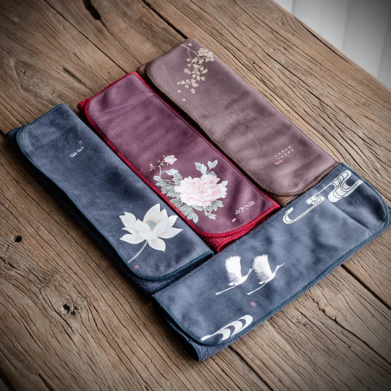 Flower Rhyme Painted Tea Towel Absorbent Thickened Cleaning Cloth Absorbent Clay Teapots Tea Towel Mat Tea Ceremony Tea Napkin