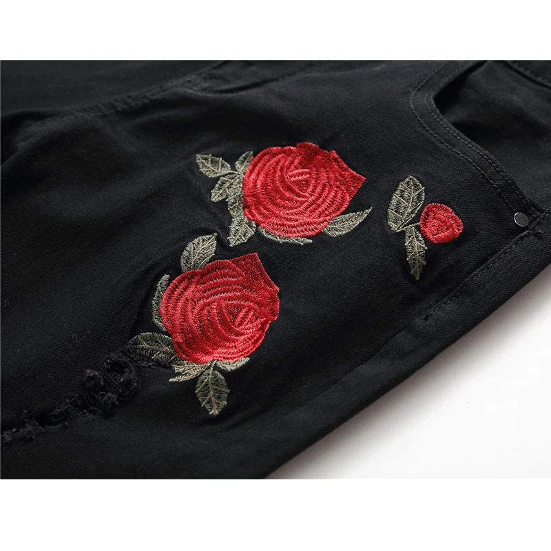 New Black Ripped Jeans with Embroidery Men with Flowers Rose Embroidered Men\'s Denim Jeans Stretch Skinny Jeans Pants