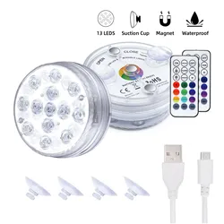 13LEDs USB Rechargeable Underwater Submersible Light Pool Light RF Remote Control IP68 Underwater Night Lamp Garden Party Decor