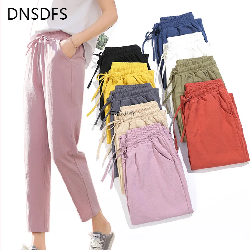 Women Summer Autumn Pants Cotton Linen Solid Elastic Waist Candy Colors Harem Soft Trousers Female Lady High Quality Pant S-XXL