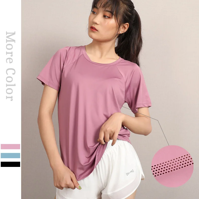 

Mesh large size sports T-sleeve women's loose fitness short shirt round neck yoga clothes tops gym breathable half sleeves