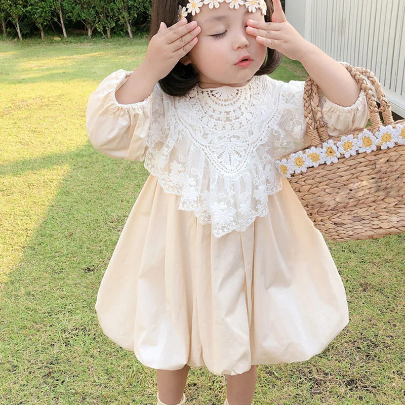 Spring Autumn Girls Dress Lace Collar Detachable Fairy Long Sleeve Princess Dress Baby Kids Clothes Children\'S Clothing