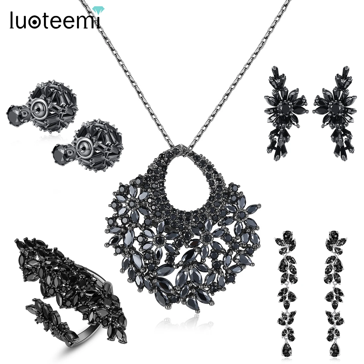 LUOTEEMI Stunning Black Stone Punk Flower Shape Earring Necklace Ring Set for Women Gothic Wedding Bridal Cosplay Accessories