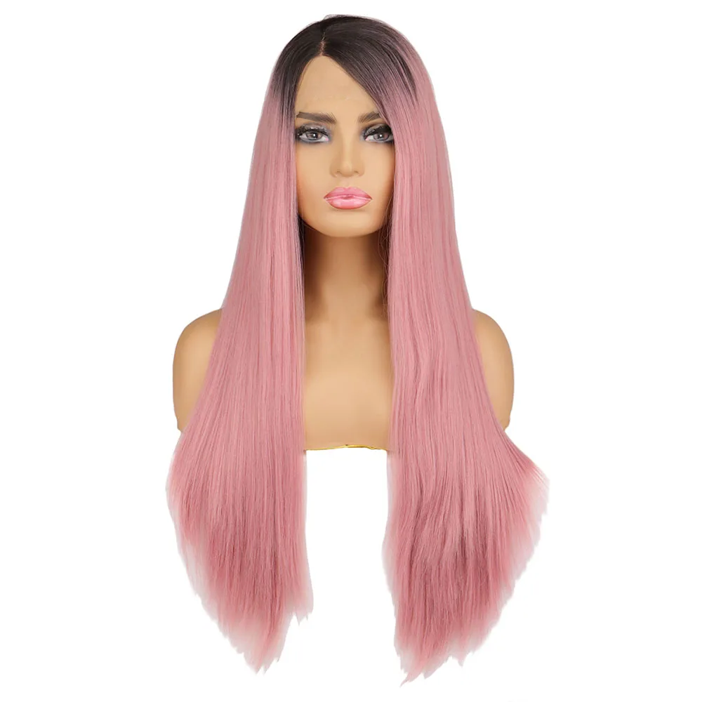 

QQXCAIW Straight Lace Wig Natural Synthetic Hair Ombre Pink Cosplay Lace Wigs For Women Perruques Dentelle Synthétiques