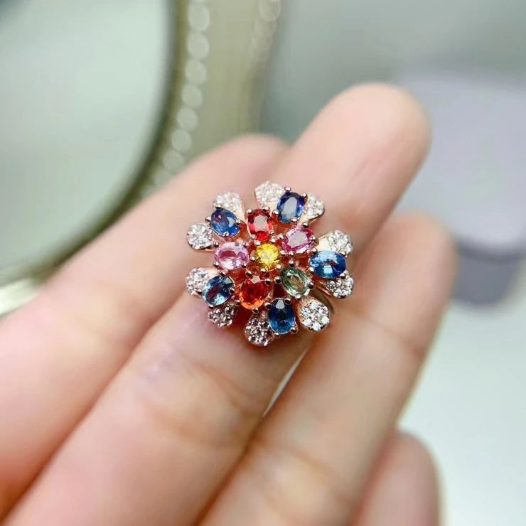 KJJEAXCMY fine jewelry 925 sterling silver inlaid Natural color sapphire women elegant vintage flower adjustable gem ring suppor