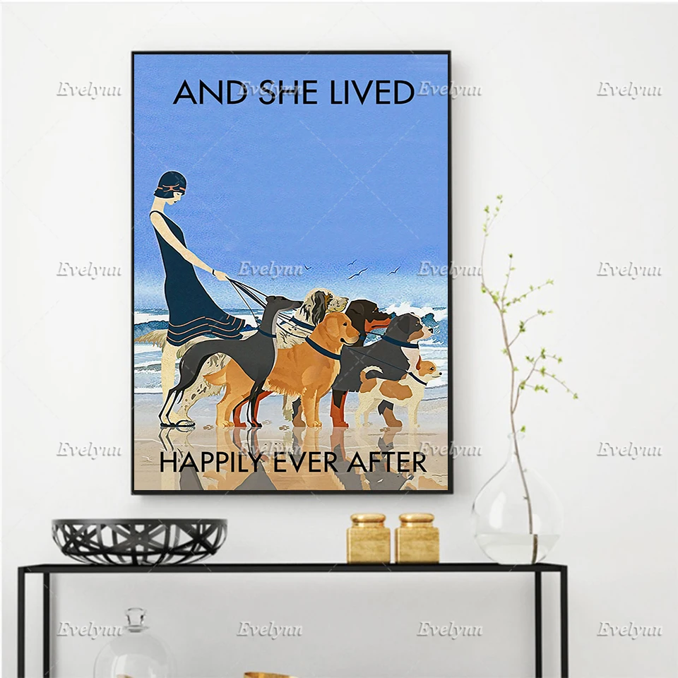 And She Lives Happily Ever After, Girl With Dogs, Beach And Dogs Poster, Wall Art Prints Home Decor Canvas Gift Floating Frame