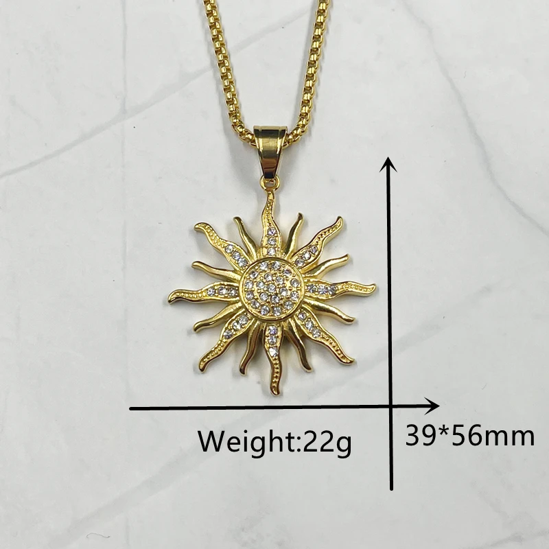 New Stainless Steel Sun Hollow Pendant with rhinestone For Men Women Metal Solar Pendant Necklace Gold Color Jewelry