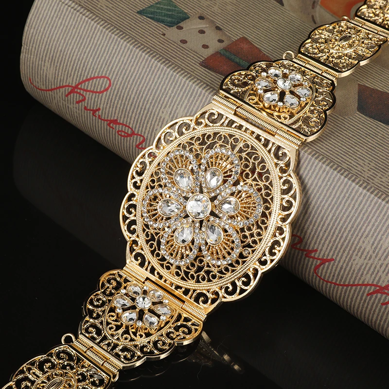 Belts for Women's Body Jewelry Noble Round Crystal Hollow Flower Metal Waist Chain for Women's Wedding Party