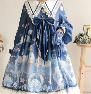 Sommer lolita kleid japanischen kawaii mädchen stern bowknot druck viktorianischen kleid tee party gothic lolita op tee party loli cos