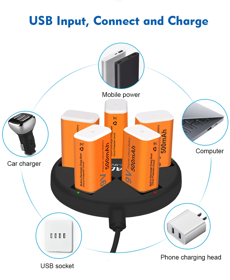 PALO 5 Slots 9V 6F22 Charger Smart Charger USB 9 Volt Battery Charger for 9V Ni-MH Lithium-ion Rechargeable Batteries