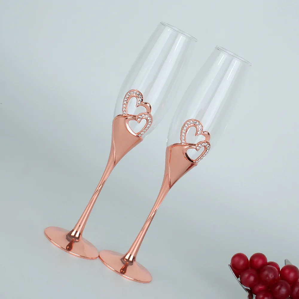 

Rose gold champagne glass high-footed set glass wedding gift to the glass heart-shaped diamond crystal glass red wine glass