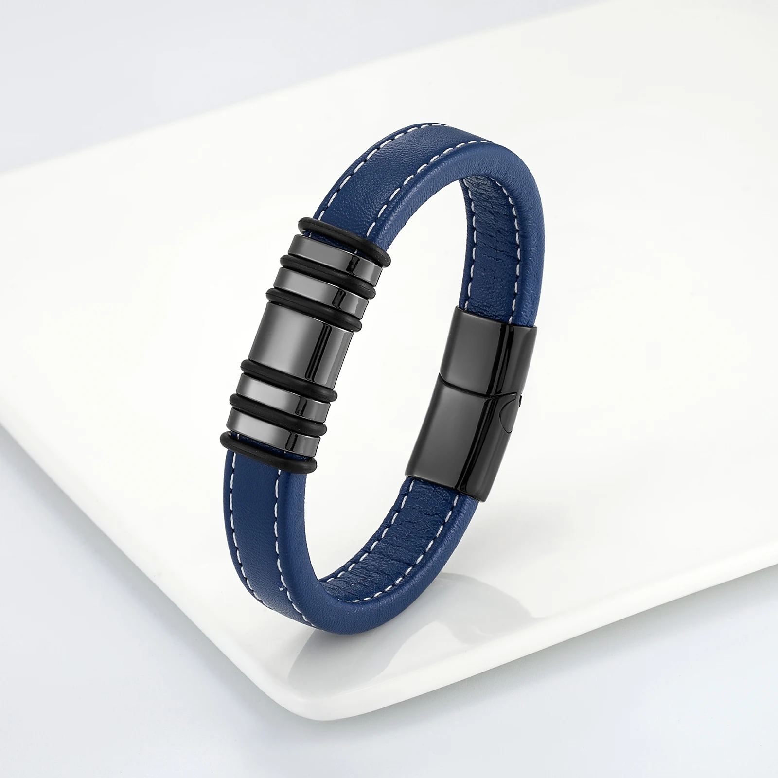2021 New Fashion Simple Punk Style 5 Ring Stainless Steel Men\'s Classic Bracelet Blue Wide Leather Rope Charm Bracelet