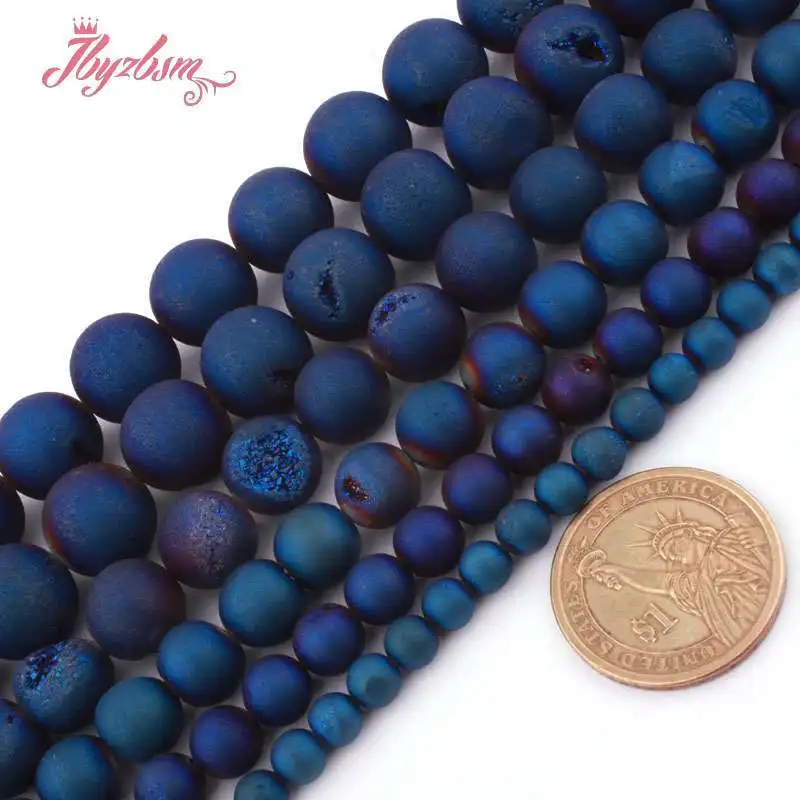 8,10,12,14mm Round Beads Blue Metallic Coated Druzy Agates Stone Beads For Necklace Bracelet Jewelry Making 15