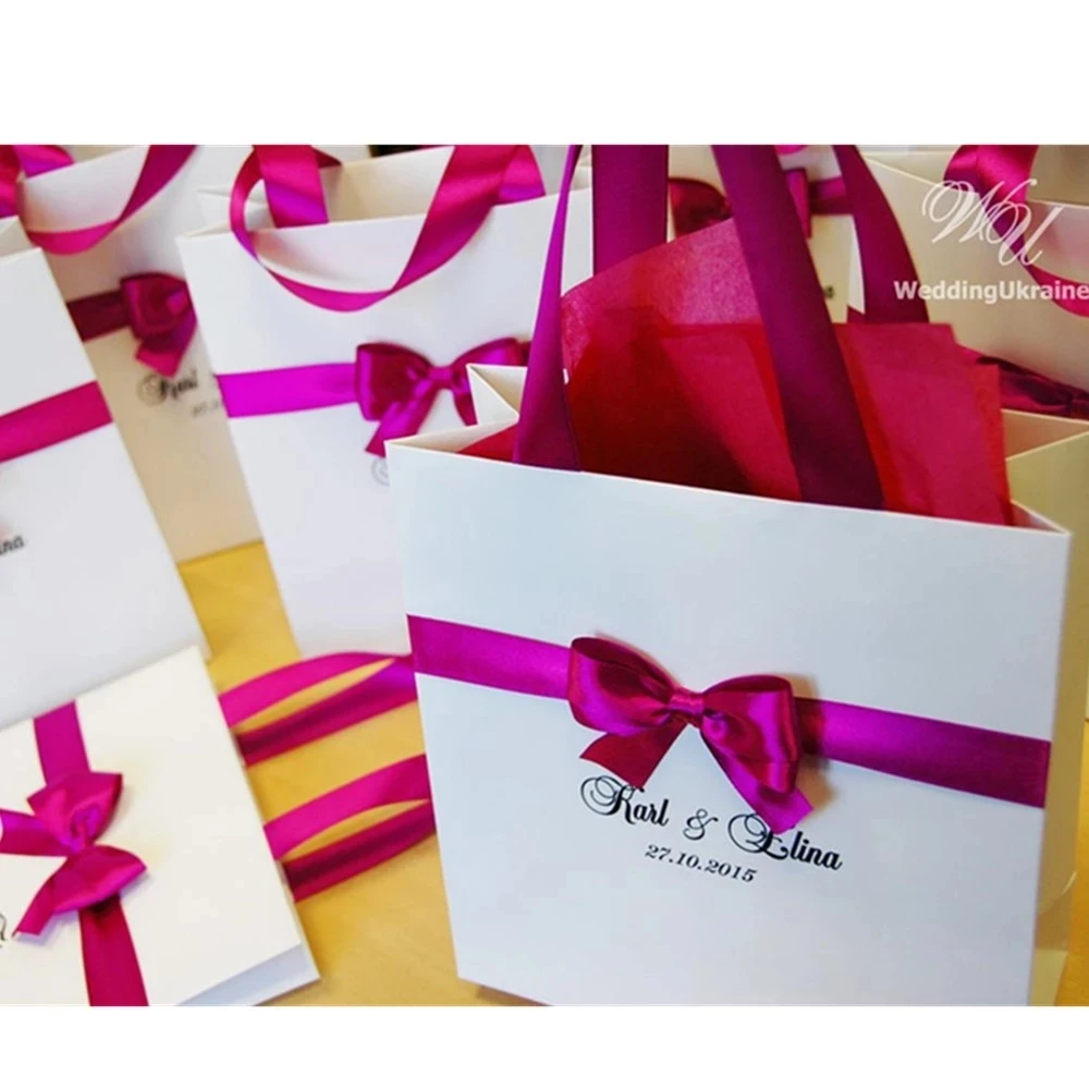 Personalized Wedding Welcome Bags with satin ribbon, bow and names White and Fucshia Elegant Custom Weddings Paper Bags