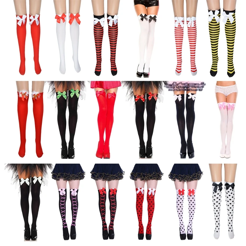 Women Halloween Christmas Thigh High Stockings Striped Polka Dot Cross Skeleton Print Sweet Bowknot Masquerade Cosplay Over F3MD