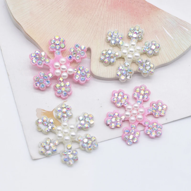 20Pcs 27mm Christmas Snowflake Rhinestone Pearl Applique for DIY Clothes Hat Patches Headwear Hair Clips Bow Decor Accessories