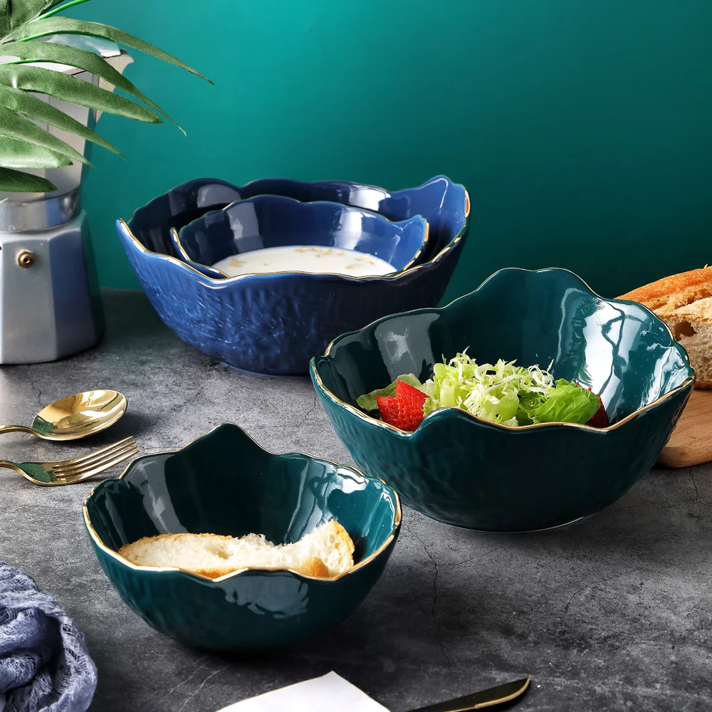 MUZITY Ceramic Bowl Porcelain Irregular Salad Bowl with Golden edge 6/8 Inch Breakfast Bowl