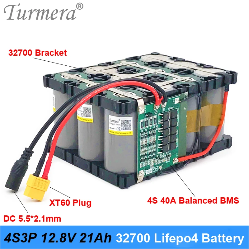 Turmera-Paquete de batería 4S3P, 12,8 V, 21Ah, 32700, Lifepo4, 4S, 40A, 100A, BMS equilibrado para barco eléctrico y fuente de alimentación sin interrupción, 12V