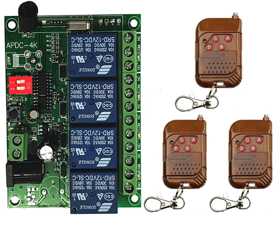 433MHz DC 12V 24V 10A Tiếp 4CH Không Dây Điều Khiển Từ Xa RF Công Tắc Đèn 10A Tiếp Đầu Ra Đài Phát Thanh module Thu + Tặng Bộ Phát
