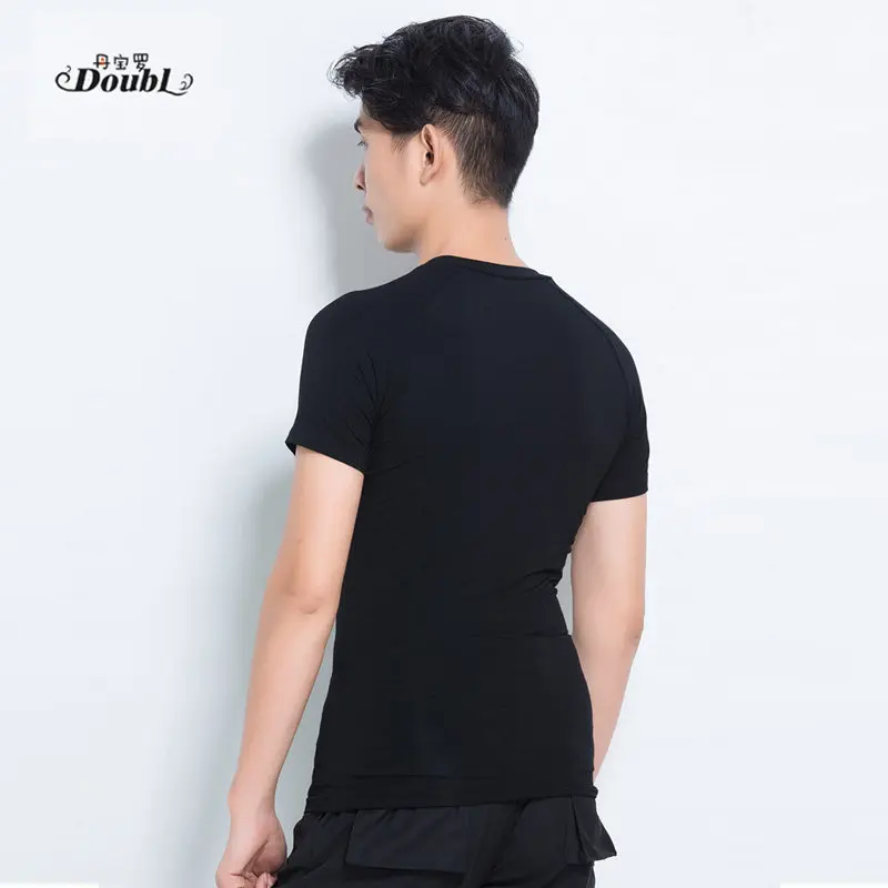 Doubl Men's Dance Tops เครื่องแต่งกายผู้ใหญ่ละติน T เสื้อ V คอสั้น Modern มาตรฐานสีดำสวมใส่สบายเสื้อผ้า