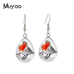 2020 New Little Robin Earring Tear drop Earring Art Bird Painting Hook Earrings Glass Cabochon Photo Jewelry Earrings