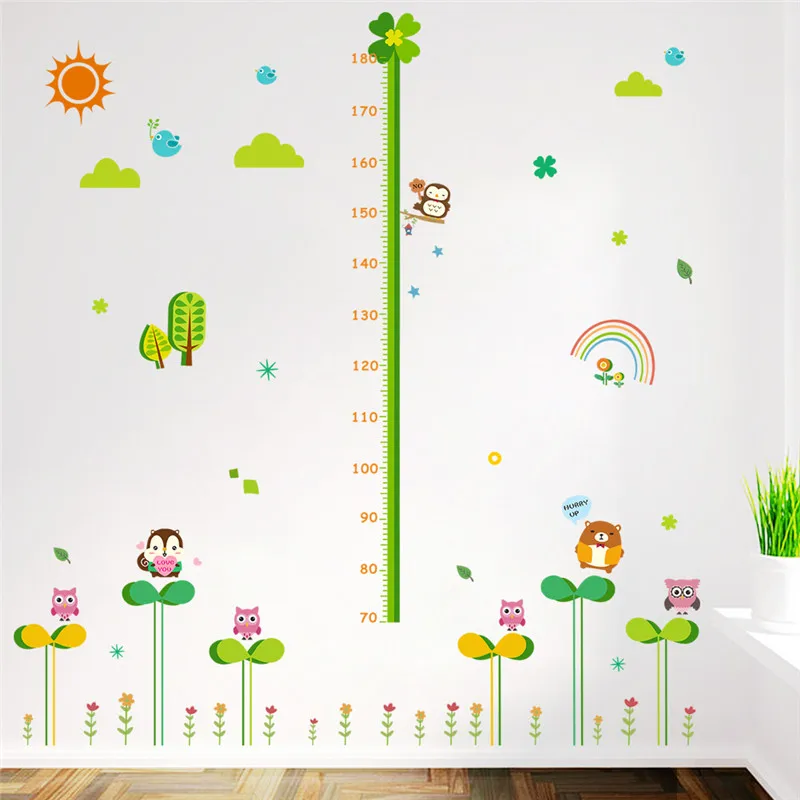 Funny Animal With Small Flower Height Measure Wall Stickers For Kindergarten Kids Room Home Decor Cartoon Mural Art Decal