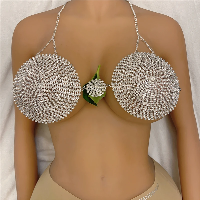 Exquisite Round Crystal BIkini Top Bralette Cover Chest Underwear Body Jewelry Rhinestone Bra Chain for Ladies Lingerie Chains