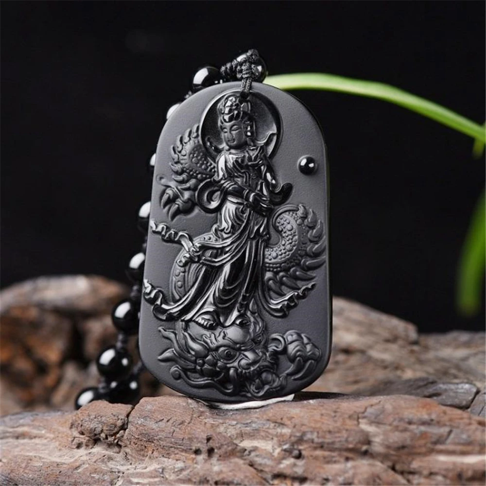 Beautiful Natural Black obsidian Carved Chinese Dragon GuanYin Amulet Lucky Pendant + Rope Necklace Fine Jewelry