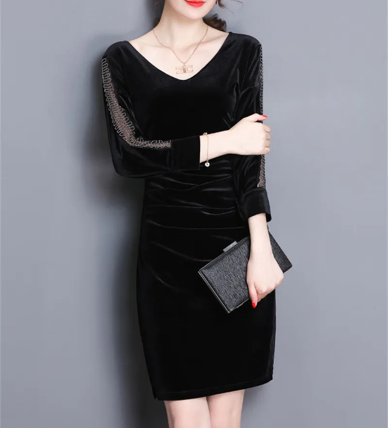 Velvet Women Female Bodycon V-Neck 2020 Vintage Velour Dresses Black Evening Party Dress Vestidos Plus Size WXF640