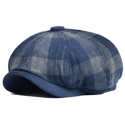 Autumn Winter Plaid Thick Newsboy Hat Corduroy Beret Men Women England Gatsby Retro Hat Driver Flat Cap