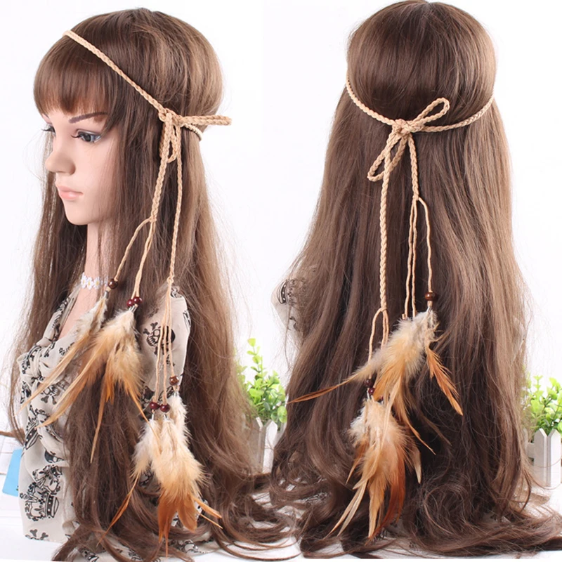 

Повязка на голову с перьями, двухслойная плетеная повязка на голову в европейском и американском стиле, красочная подвеска в виде листьев из перьев, головной убор в стиле бохо