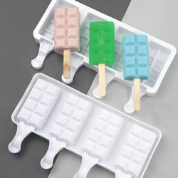 SHENHONG 4 Cells Grid Texture Silicone Popsicle Molds Ice Cream Moulds Wooden Sticks Juice Ice Cube Tray Ice-lolly Baking Tools