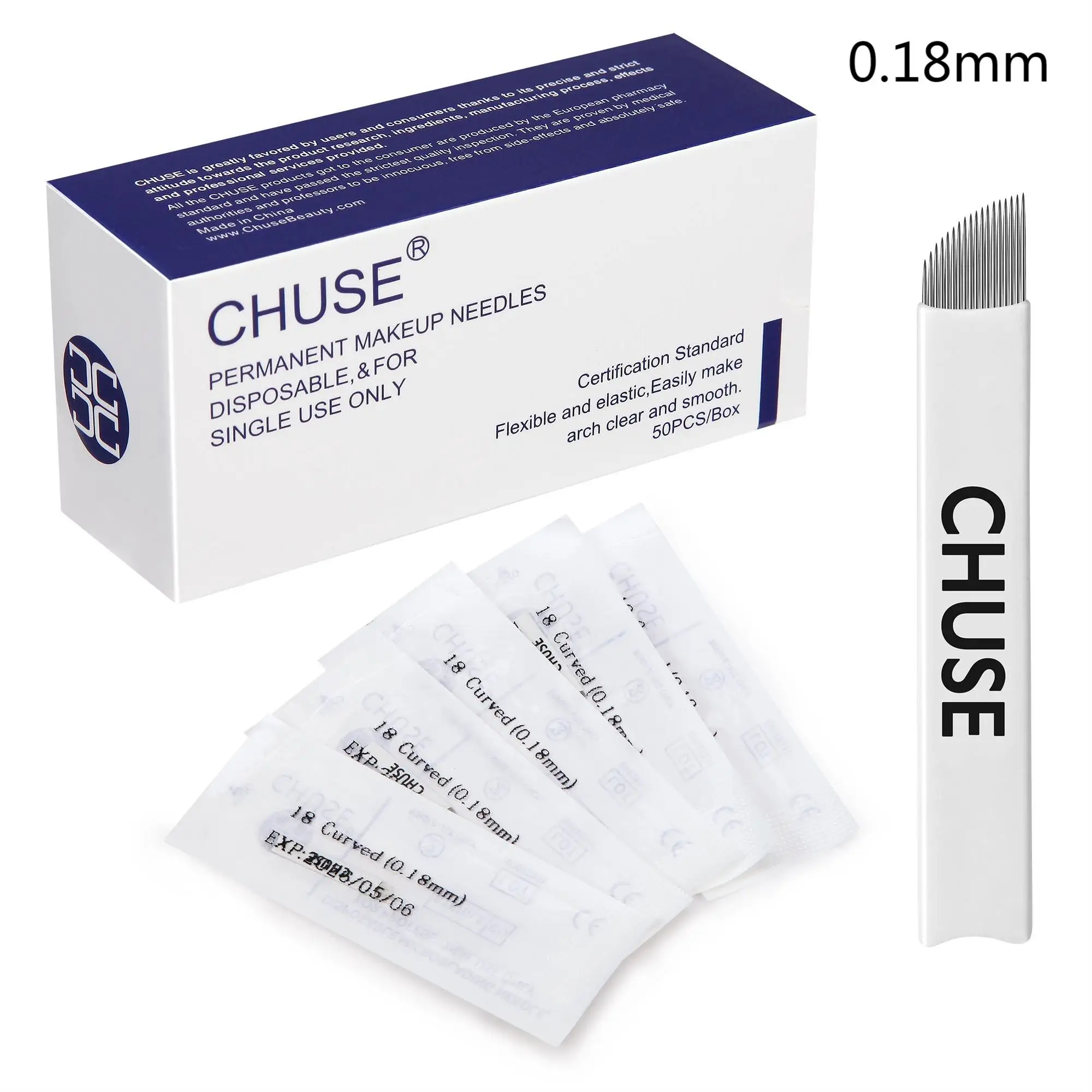 CHUSE Eyebrow Microblading Manual Blades S18 Tattoo Permanent Makeup Needles 0.18mm 18-Pin Bevel 50Pcs