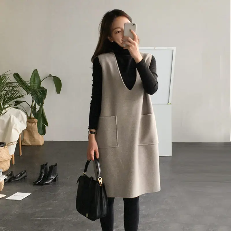 Woman Clothes Autumn Outfit Suits Fashion Winter Long Loose Two-piece Sweater Woolen Sundress Big Size Vest Set f1499