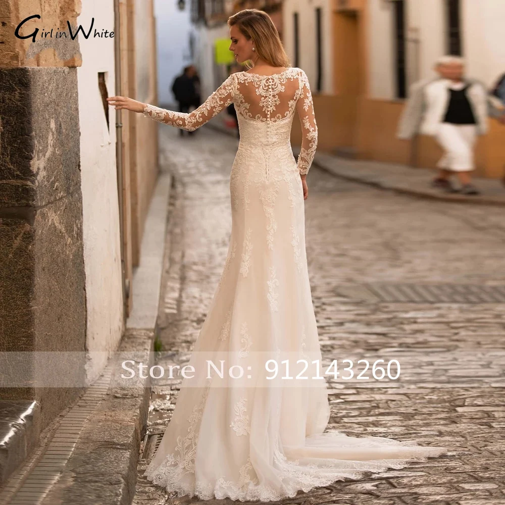 Elegante decote em v apliques rendas sereia vestidos de casamento ilusão personalizada manga longa botão varredura trem trompete vestido de noiva