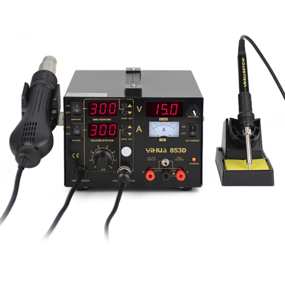 YIHUA 853D 1A BGA Soldering Iron Station With Hot Air Gun Rework Station DC Power Supply 3 In 1 SMD Soldering Tool
