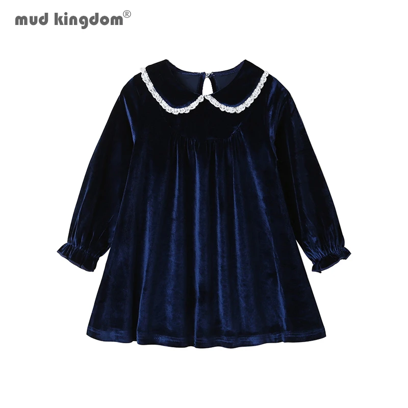 Mudkingdom Little Girls Long Sleeve Dress Peter Pan Collar Lace Golden Velvet Loose Dress for Children's Clothing Flare Sleeve